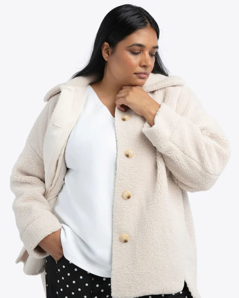 Front of a model wearing a size 0 TEDDY BEAR SHIRT JACKET in Cloud by See Rose Go. | dia_product_style_image_id:316462